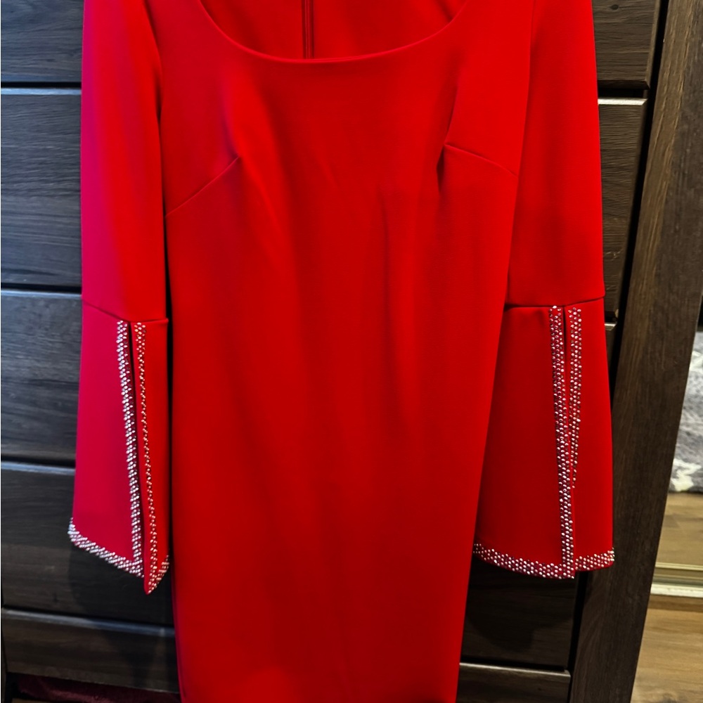 Calvin Klein Red Long Sleeve Dress with Embellished Cuffs